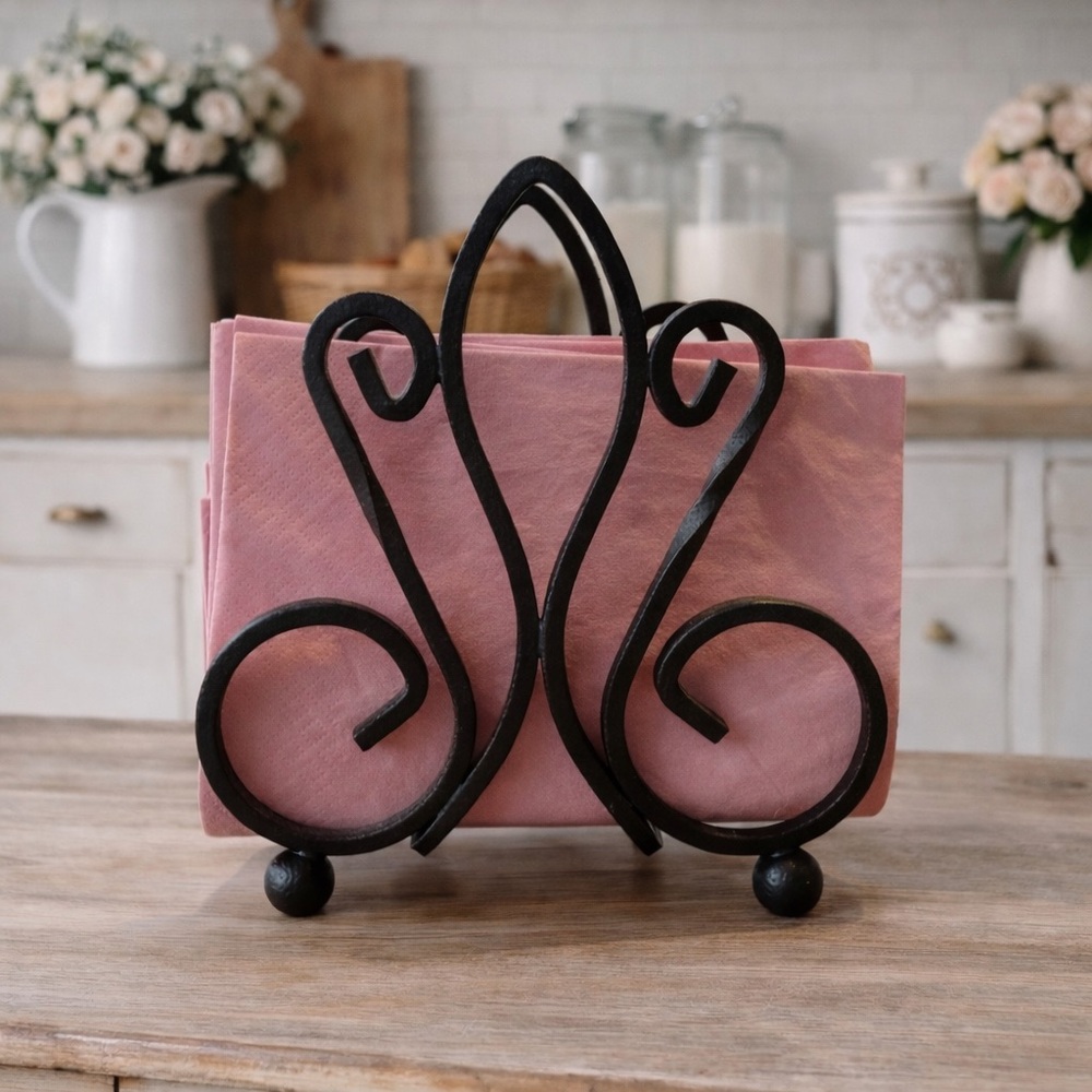Wrought Iron Napkin Holder Hammered Bronze Scroll Steel Plate Display Stand